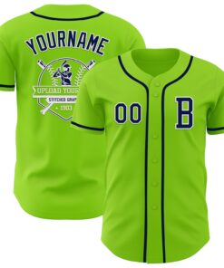 Custom Neon Green Navy-White Authentic Baseball Jersey