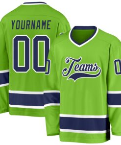 Custom Neon Green Navy-White Hockey Jersey