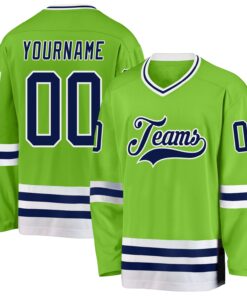 Custom Neon Green Navy-White Hockey Jersey