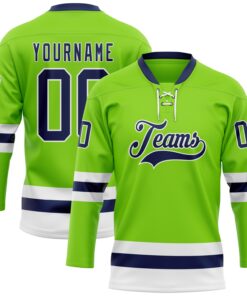 Custom Neon Green Navy-White Hockey Lace Neck Jersey