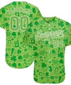 Custom Neon Green Neon Green-White 3D Pattern Design Authentic St. Patrick's Day Baseball Jersey