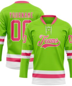 Custom Neon Green Neon Pink-White Hockey Lace Neck Jersey