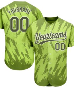 Custom Neon Green Olive-White 3D Pattern Design Authentic Baseball Jersey