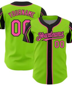 Custom Neon Green Pink-Black 3 Colors Arm Shapes Authentic Baseball Jersey