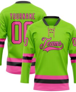 Custom Neon Green Pink-Black Hockey Lace Neck Jersey
