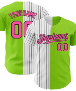 Custom Neon Green Pink-Black Pinstripe Authentic Split Fashion Baseball Jersey