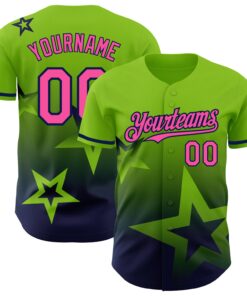 Custom Neon Green Pink-Navy 3D Pattern Design Gradient Style Twinkle Star Authentic Baseball Jersey