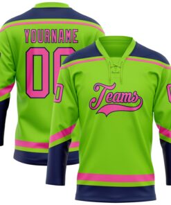 Custom Neon Green Pink-Navy Hockey Lace Neck Jersey