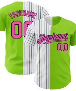 Custom Neon Green Pink-Navy Pinstripe Authentic Split Fashion Baseball Jersey