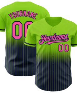 Custom Neon Green Pinstripe Pink-Navy Authentic Fade Fashion Baseball Jersey