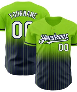 Custom Neon Green Pinstripe White-Navy Authentic Fade Fashion Baseball Jersey
