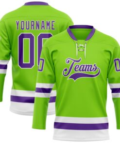 Custom Neon Green Purple-White Hockey Lace Neck Jersey