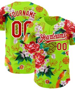Custom Neon Green Red-White 3D Pattern Design Northeast China Big Flower Authentic Baseball Jersey