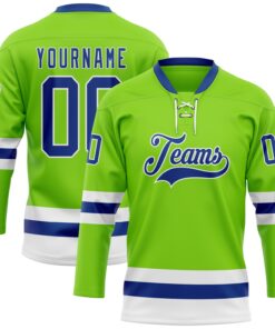 Custom Neon Green Royal-White Hockey Lace Neck Jersey