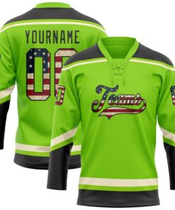 Custom Neon Green Vintage USA Flag Black-Cream Hockey Lace Neck Jersey
