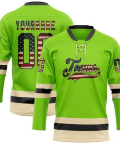 Custom Neon Green Vintage USA Flag Black-Cream Hockey Lace Neck Jersey