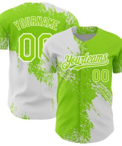 Custom Neon Green White 3D Pattern Design Abstract Brush Stroke Authentic Baseball Jersey