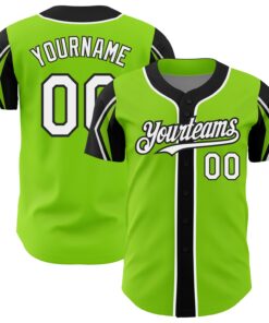 Custom Neon Green White-Black 3 Colors Arm Shapes Authentic Baseball Jersey