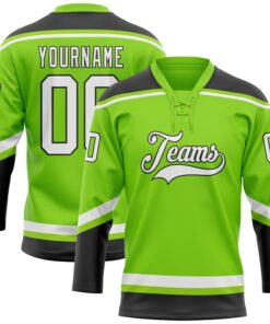 Custom Neon Green White-Black Hockey Lace Neck Jersey