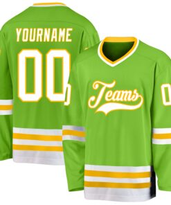 Custom Neon Green White-Gold Hockey Jersey