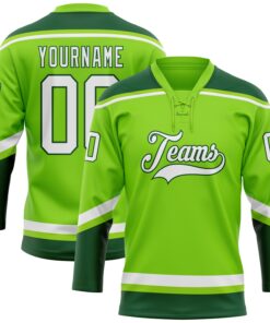 Custom Neon Green White-Green Hockey Lace Neck Jersey