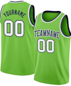 Custom Neon Green White-Navy Authentic Basketball Jersey