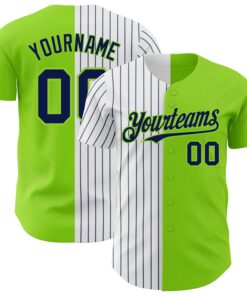 Custom Neon Green White-Navy Pinstripe Authentic Split Fashion Baseball Jersey