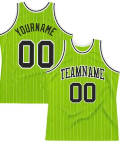 Custom Neon Green White Pinstripe Black-White Authentic Basketball Jersey