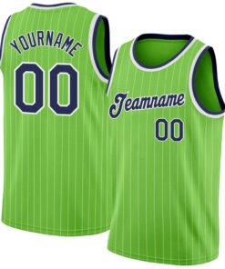 Custom Neon Green White Pinstripe Navy-White Authentic Basketball Jersey