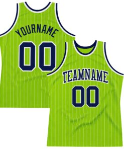 Custom Neon Green White Pinstripe Navy-White Authentic Basketball Jersey