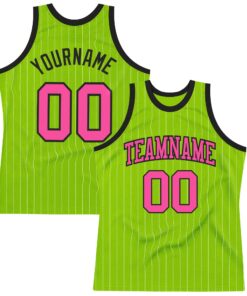 Custom Neon Green White Pinstripe Pink-Black Authentic Basketball Jersey
