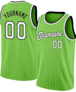 Custom Neon Green White Pinstripe White-Black Authentic Basketball Jersey