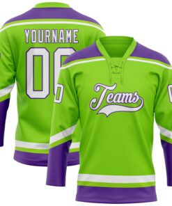 Custom Neon Green White-Purple Hockey Lace Neck Jersey