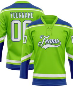 Custom Neon Green White-Royal Hockey Lace Neck Jersey