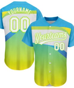 Custom Neon Green White-Sky Blue 3D Pattern Design Abstract Sport Authentic Baseball Jersey