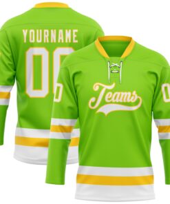 Custom Neon Green White-Yellow Hockey Lace Neck Jersey