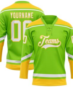Custom Neon Green White-Yellow Hockey Lace Neck Jersey
