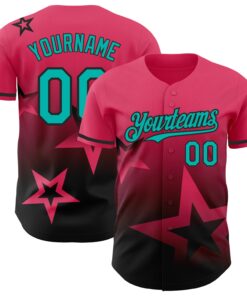 Custom Neon Pink Aqua-Black 3D Pattern Design Gradient Style Twinkle Star Authentic Baseball Jersey