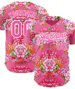 Custom Neon Pink Pink-White 3D Pattern Design Northeast China Big Flower Authentic Baseball Jersey