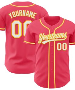 Custom Neon Pink White-Yellow Authentic Baseball Jersey