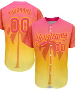 Custom Neon Pink Yellow 3D Pattern Design Hawaii Palm Trees Authentic Baseball Jersey