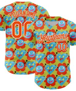 Custom Neon Yellow Orange-White 3D Pattern Design Funny Cartoon Flower And Heart Authentic Baseball Jersey