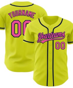Custom Neon Yellow Pink-Navy Authentic Baseball Jersey