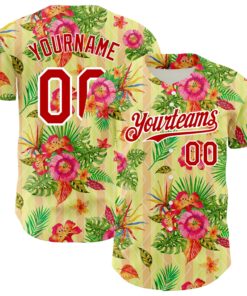 Custom Neon Yellow Red-White 3D Pattern Design Tropical Flower And Hawaii Palm Leaves Authentic Baseball Jersey