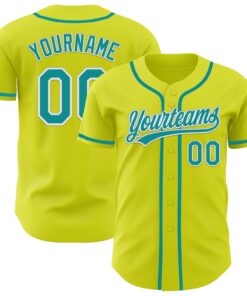 Custom Neon Yellow Teal-White Authentic Baseball Jersey