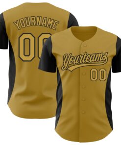 Custom Old Gold Black 3D Pattern Design Side Stripes Authentic Baseball Jersey