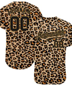 Custom Old Gold Black-Old Gold 3D Pattern Design Leopard Authentic Baseball Jersey