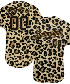 Custom Old Gold Black-Old Gold 3D Pattern Design Leopard Authentic Baseball Jersey