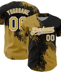 Custom Old Gold Black-White 3D Pattern Design Abstract Brush Stroke Authentic Baseball Jersey