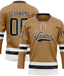 Custom Old Gold Black-White Hockey Lace Neck Jersey